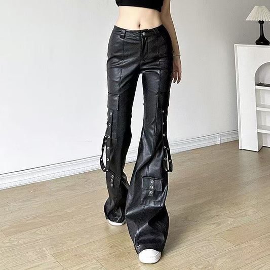 Women's sustainable leather personalized ribbon slim fit motorcycle black flared pantscasual trendy trousers eco-friendly trouser