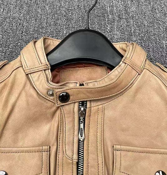 Women's sheep leather beige coat classic motorcycle spring-automn women's cool top