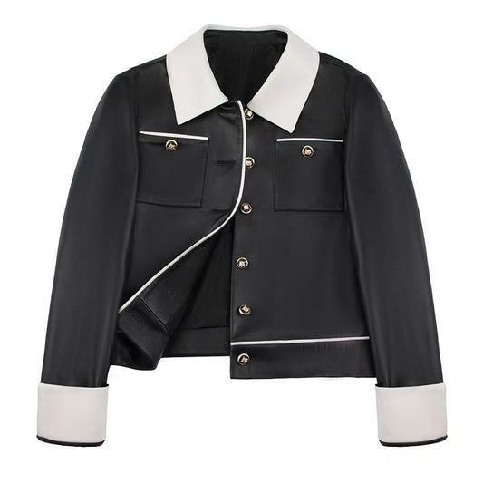 Women's sheep leather black and white coat classic spring-automn women's casual top