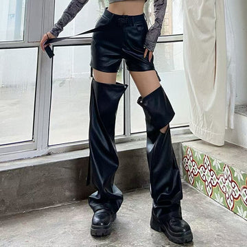 Women's sustainable leather ripped personalized ribbon slim fit motorcycle black flared pantscasual trendy trousers eco-friendly trouser K5