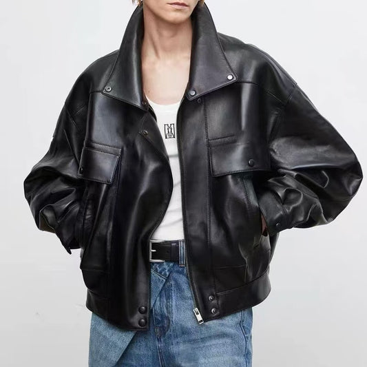 Women's sheep leather black jacket coat classic spring-automn women's motorcycle cool style top