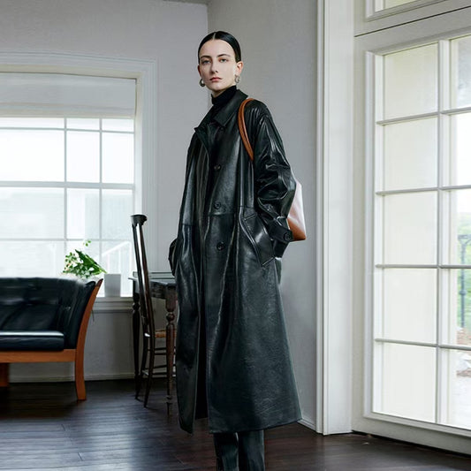 Women's sheep leather black long trench coat classic spring-automn women's casual long cool top