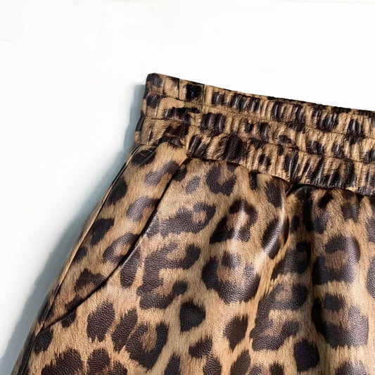 Women's sheep leather leopard print short pants trousers chill spring-automn comfortable pants