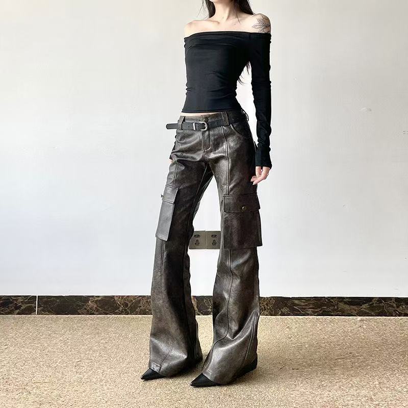 Women's sustainable leather personalized ribbon slim fit motorcycle black flared pantscasual trendy trousers eco-friendly trouser K3