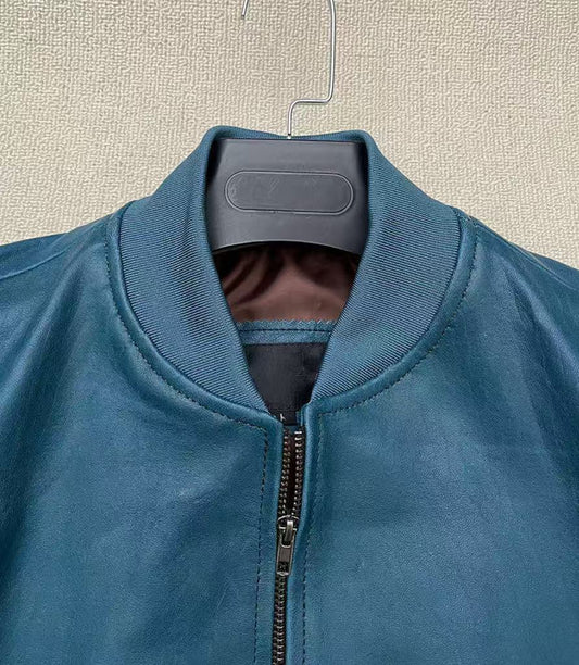 Men's sheep blue leather baseball coat Patent leather jacket men's top