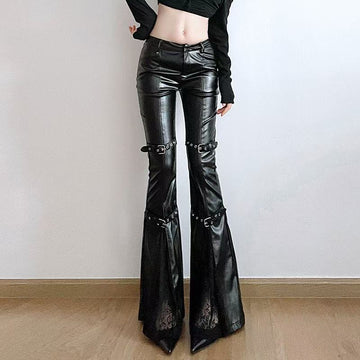 Women's sustainable leather personalized ribbon slim fit motorcycle black flared pantscasual trendy trousers eco-friendly trouser K7