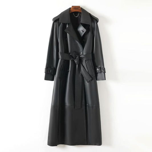 Women's sheep leather black long trench coat classic spring-automn women's casual long cool top 2