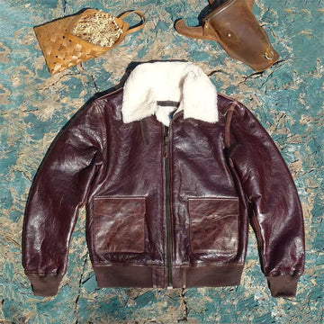 Men's sheep burgundy red leather A2 flight coat padded leather jacket winter men's top