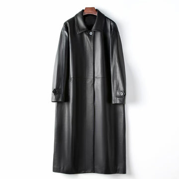 Women's sheep leather black long trench coat classic spring-automn women's casual long cool top