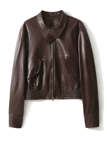 Women's sheep leather dark-brown jacket coat classic spring-automn women's motorcycle top