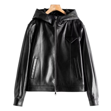 Women's sheep leather black hooded jacket classic spring-automn women's casual short top