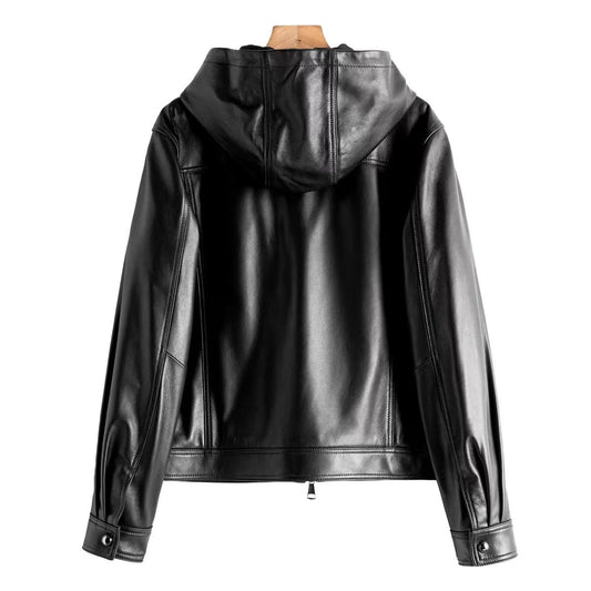 Women's sheep leather black hooded jacket classic spring-automn women's casual short top