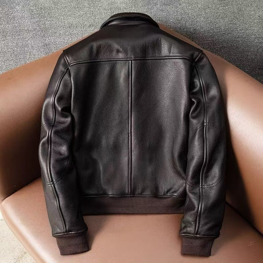 Men's cow leather flight black motorcycle coat classic winter warm men's jacket A5