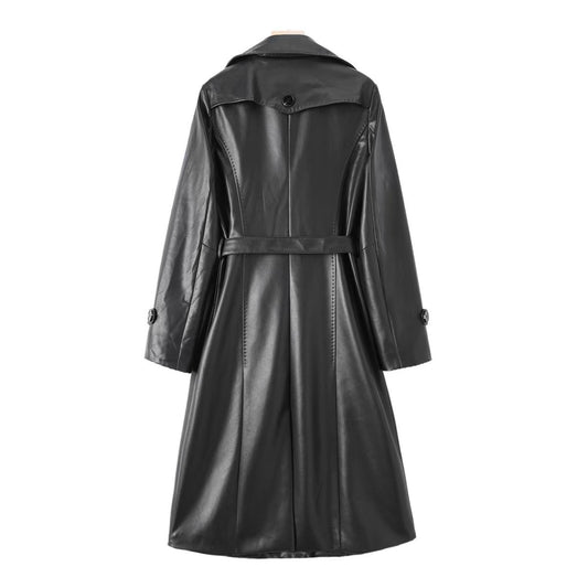 Women's sheep leather black long trench coat classic spring-automn women's casual long top