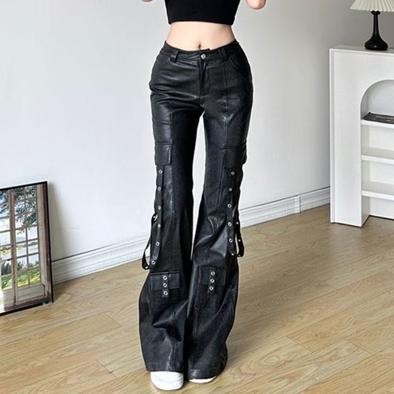 Women's sustainable leather personalized ribbon slim fit motorcycle black flared pantscasual trendy trousers eco-friendly trouser