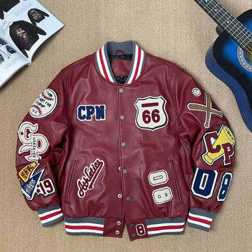 Men's sheep leather embroidery baseball coat classic men's casual jacket