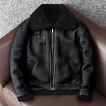 Men's sheep leather flight black motorcycle coat classic winter warm men's jacket