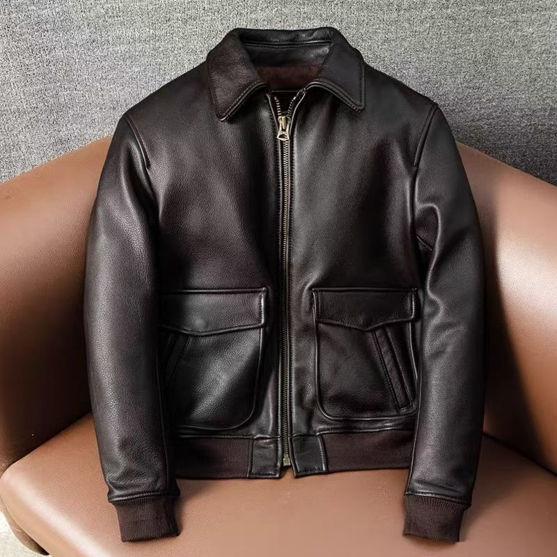 Men's cow leather flight black motorcycle coat classic winter warm men's jacket A5