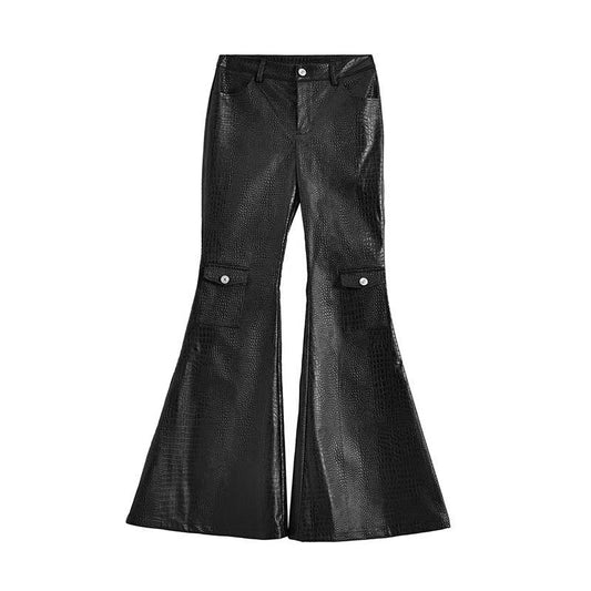 Women's sustainable leather personalized ribbon slim fit motorcycle black flared pantscasual trendy trousers eco-friendly trouser K2