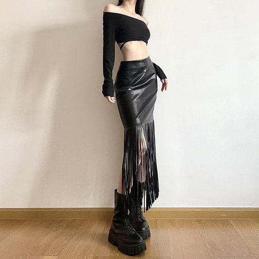 Women's sustainable leather dress tassel design classic all seasons modern style half short skirt eco-friendly bustier s4