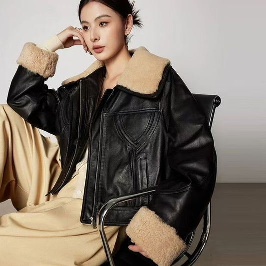 Women's cow leather coat wool collar padded biker coat coat classic motorcycle winter women's cool top