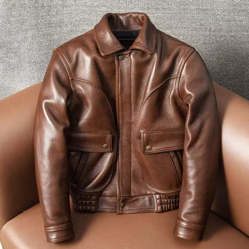 Men's cow leather flight brown motorcycle coat classic winter warm men's jacket A8