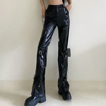 Women's sustainable leather personalized ribbon slim fit motorcycle black flared pantscasual trendy trousers eco-friendly trouser K4