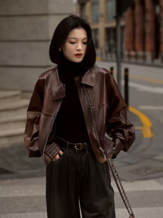 Women's sheep leather dark-brown jacket coat classic spring-automn women's motorcycle top