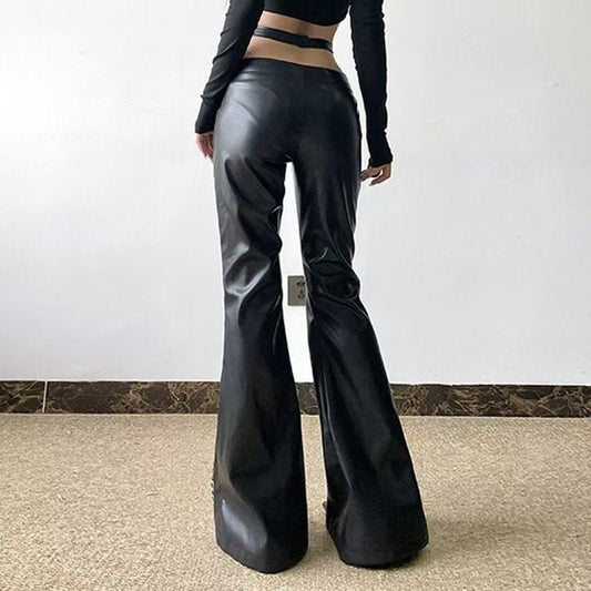 Women's sustainable leather personalized ribbon slim fit motorcycle black flared pantscasual trendy trousers eco-friendly trouser K6