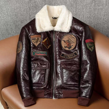 Men's sheep leather flight brown motorcycle coat classic winter warm men's jacket A3